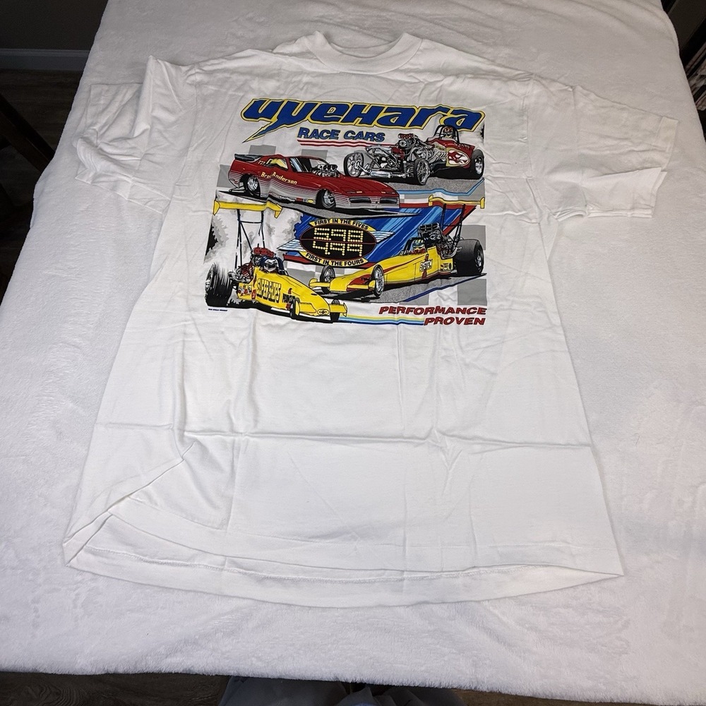 Vintage YUHARA Race Cars‎ Drag Racing T-Shirt Large USA Made Double Sided